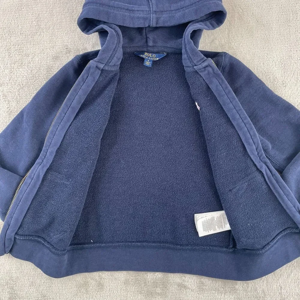 Polo Ralph‎ Lauren Hoodie Kids 6 Navy Blue Full Zip Pink Pony Long Sleeve Preppy
